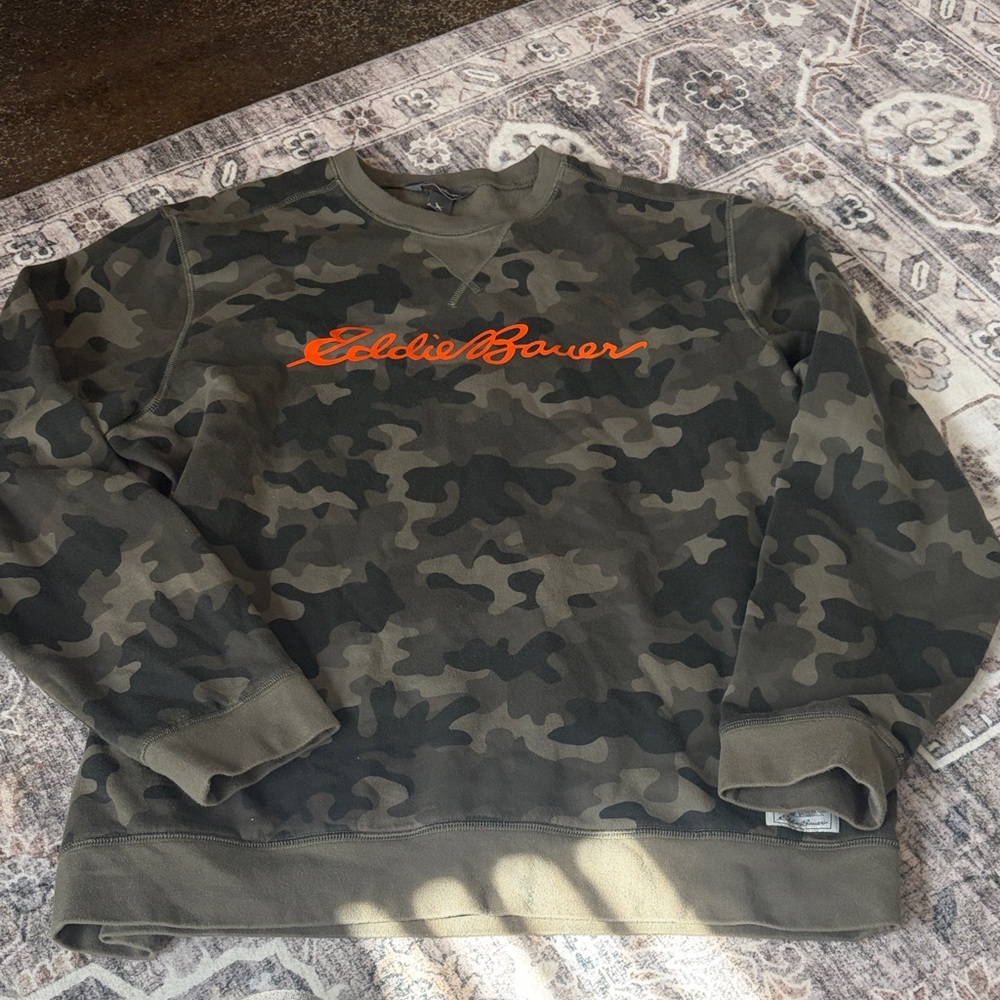 Eddie Bauer Olive Camo Crewneck with Orange Logo